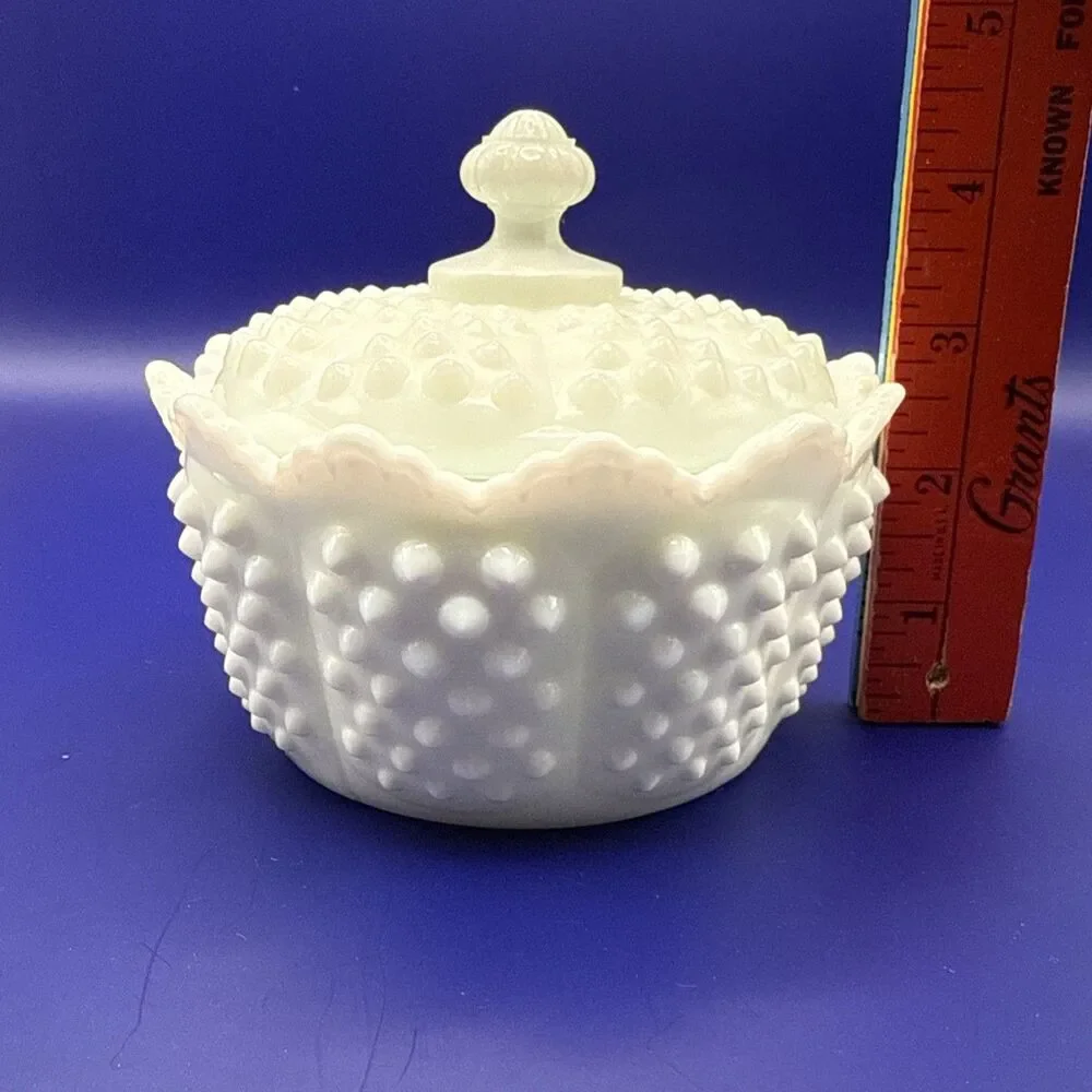 Vintage Fenton White Hobnail Milk Glass Candy Dish w/ Handle and Lid Grandma